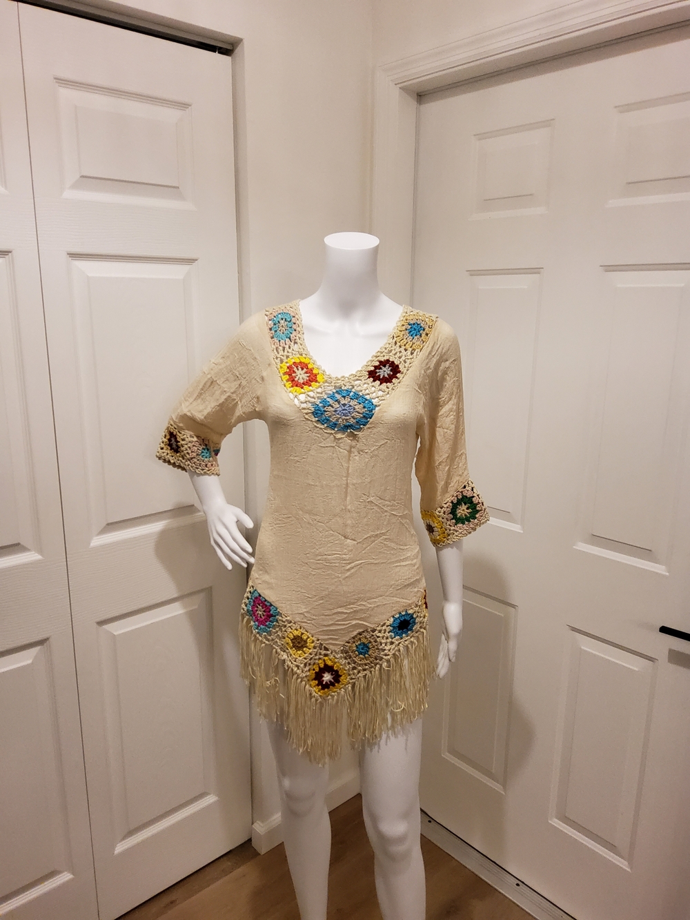 70's Boho Cream Crochet Trim Fringe Mini Dress with Multicolor Accents